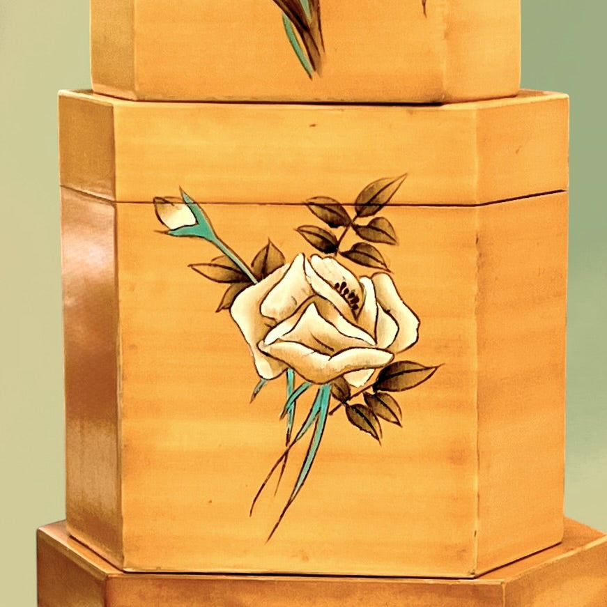 rois Boîtes à Thé Gigognes Chinoises en Bois Laqué Décors Gravés Oiseau et Fleurs - Années 70