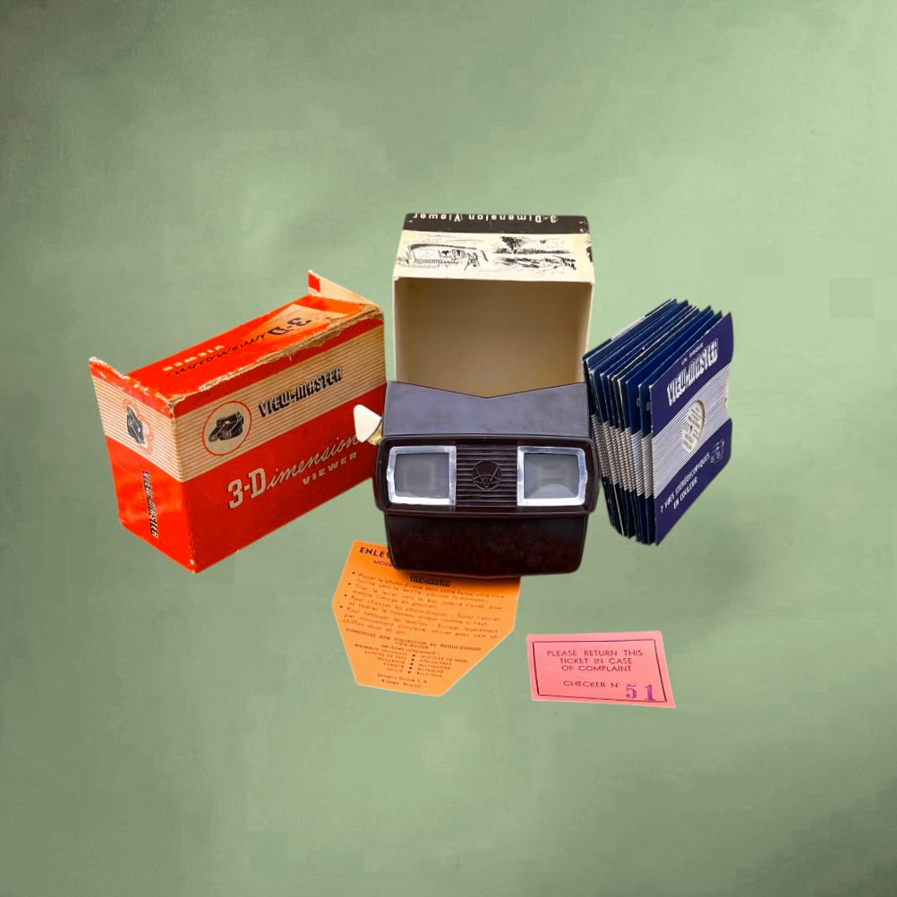 Ancien View-Master Modèle E en Bakélite Marron avec Boîte et 13 Disques – Années 50 60