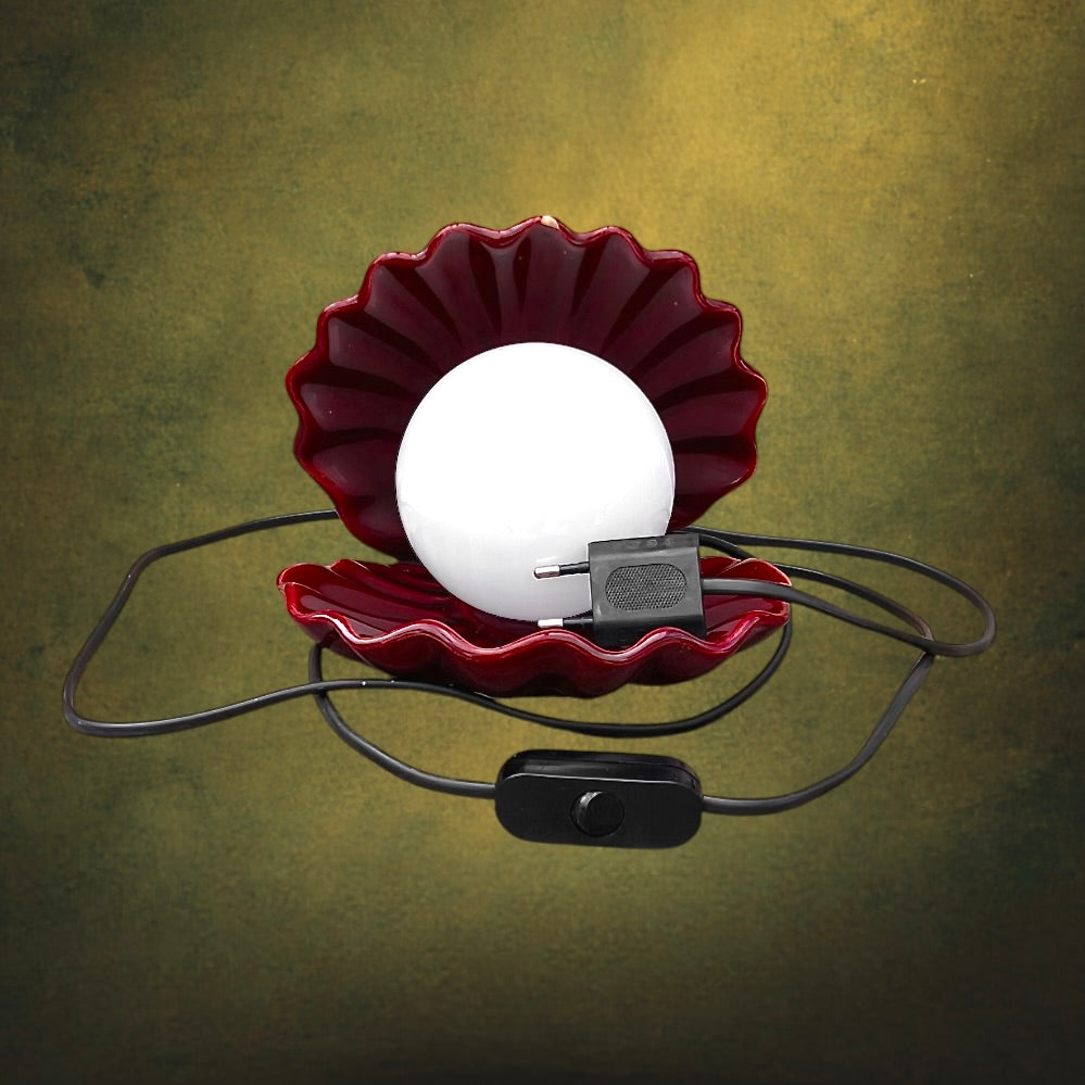 Lampe Coquillage Massive en Céramique Bordeaux Globe Opalin – Années 80 
