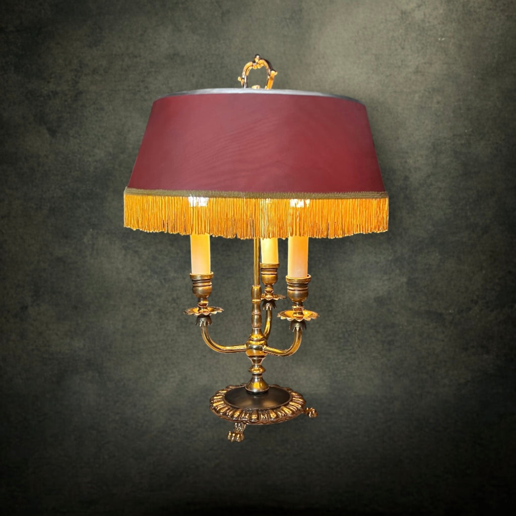 Lampe Bouillotte Ancienne en Métal Doré Trois Feux Abat-jour à Franges Style Empire