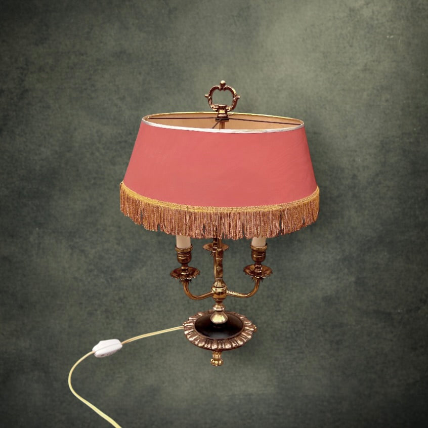 Lampe Bouillotte Ancienne en Métal Doré Trois Feux Abat-jour à Franges Style Empire