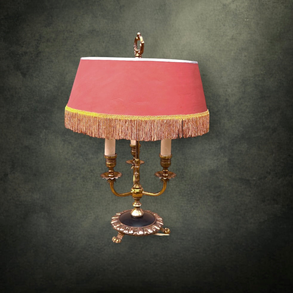 Lampe Bouillotte Ancienne en Métal Doré Trois Feux Abat-jour à Franges Style Empire