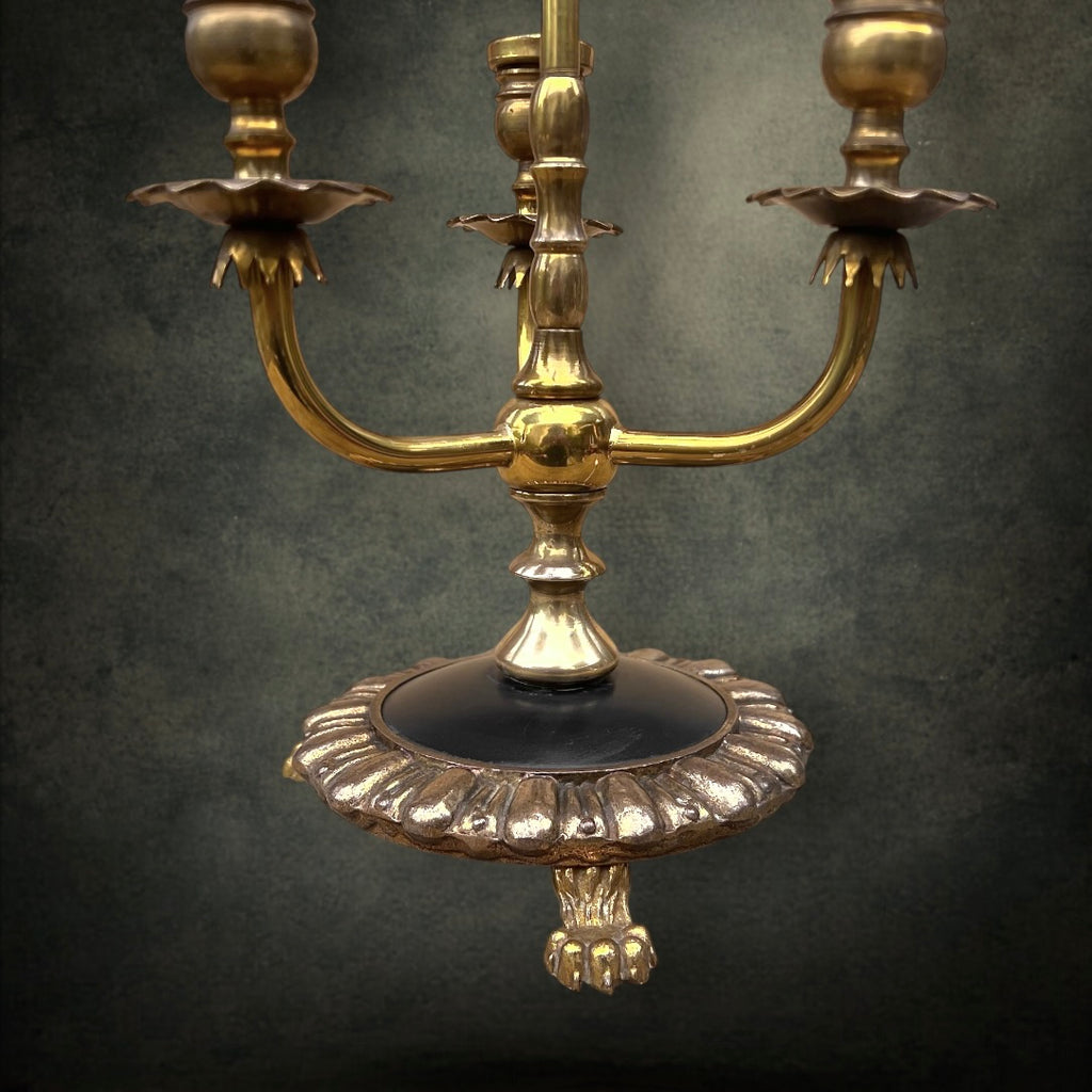 Lampe Bouillotte Ancienne en Métal Doré Trois Feux Abat-jour à Franges Style Empire