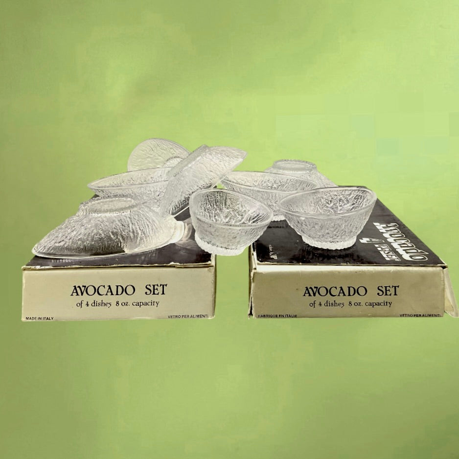 Lot de 8 Coupes à Avocat en Verre Texturé Italien Boîtes d’Origine – Années 70
