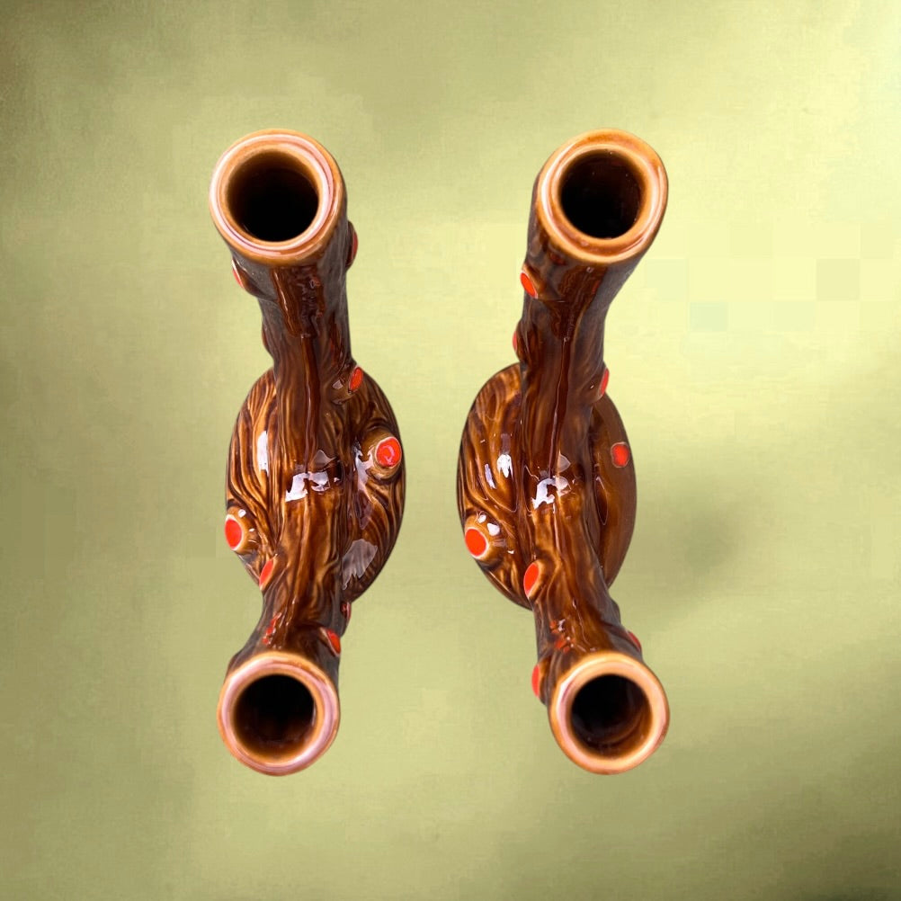 Paire de Bougeoirs Vallauris A. Ferlay Céramique Émaillée Effet Écorce Marron Rouge – Années 60 70