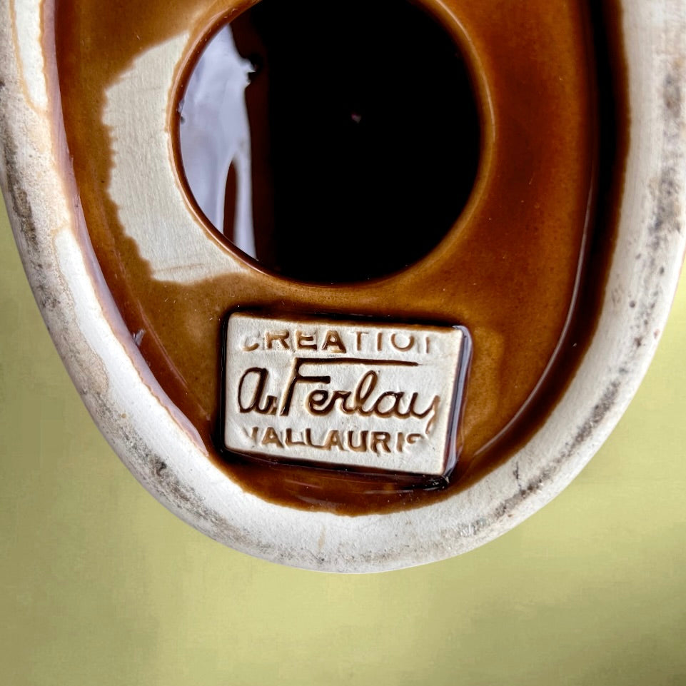 Paire de Bougeoirs Vallauris A. Ferlay Céramique Émaillée Effet Écorce Marron Rouge – Années 60 70