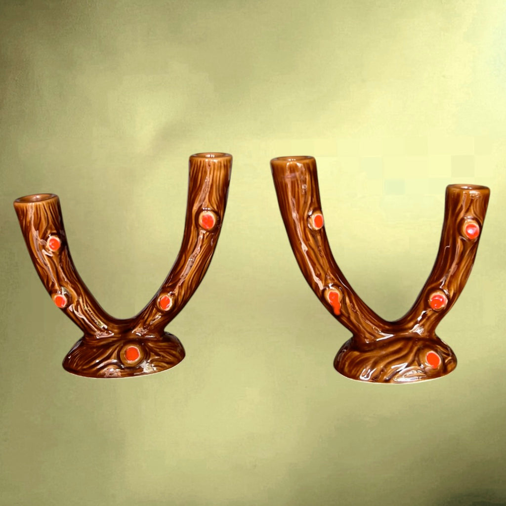 Paire de Bougeoirs Vallauris A. Ferlay en Céramique Émaillée Marron Rouge

