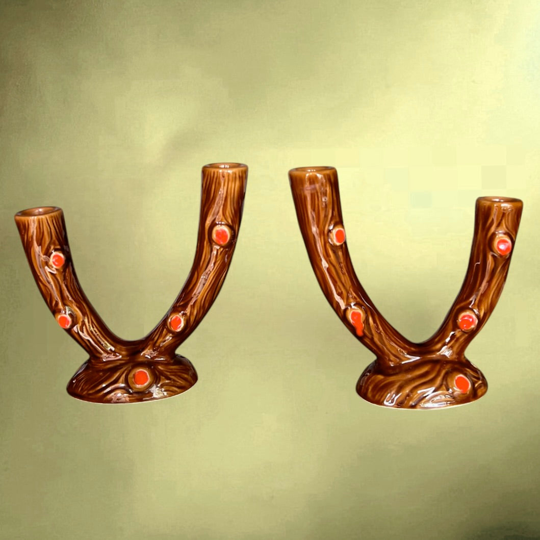 Paire de Bougeoirs Vallauris A. Ferlay en Céramique Émaillée Marron Rouge

