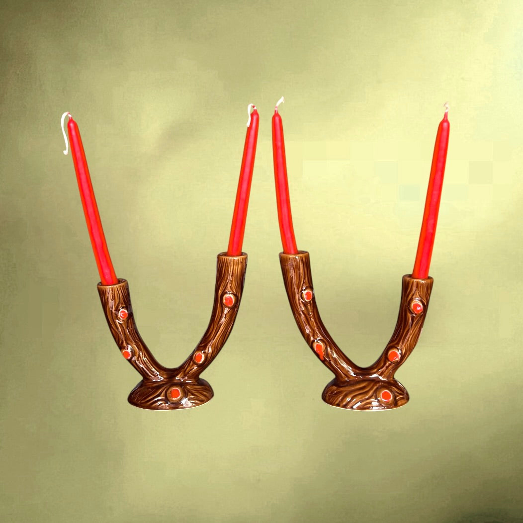 Paire de Bougeoirs Vallauris A. Ferlay Céramique Émaillée Effet Écorce Marron Rouge – Années 60 70