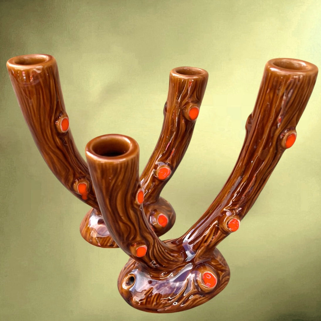 Paire de Bougeoirs Vallauris A. Ferlay Céramique Émaillée Effet Écorce Marron Rouge – Années 60 70