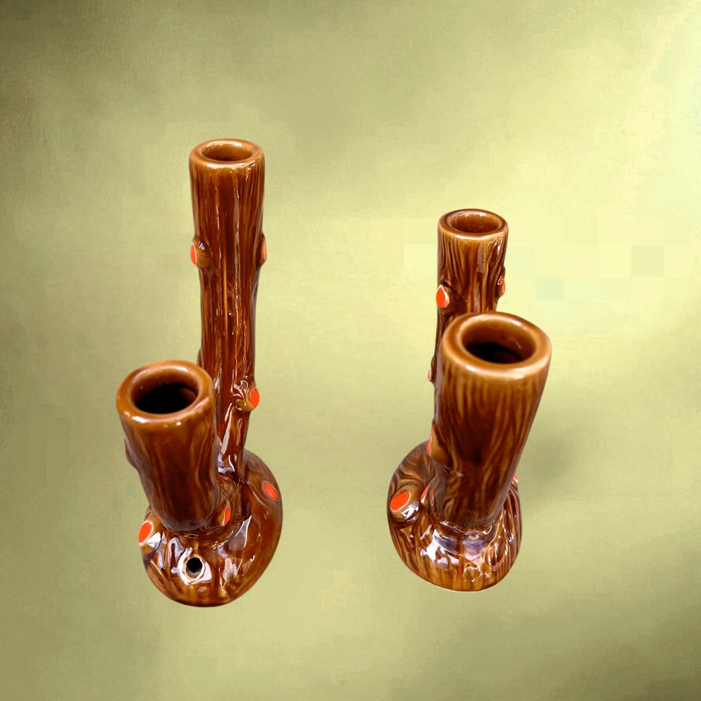 Paire de Bougeoirs Vallauris A. Ferlay Céramique Émaillée Effet Écorce Marron Rouge – Années 60 70