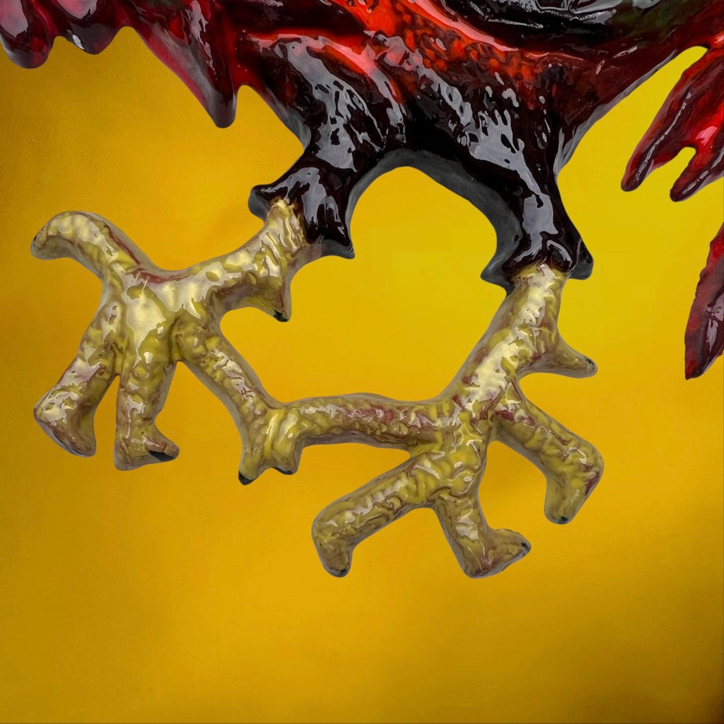Coq Mural Vintage en Céramique Émaillée Rouge et Verte – Années 60 70