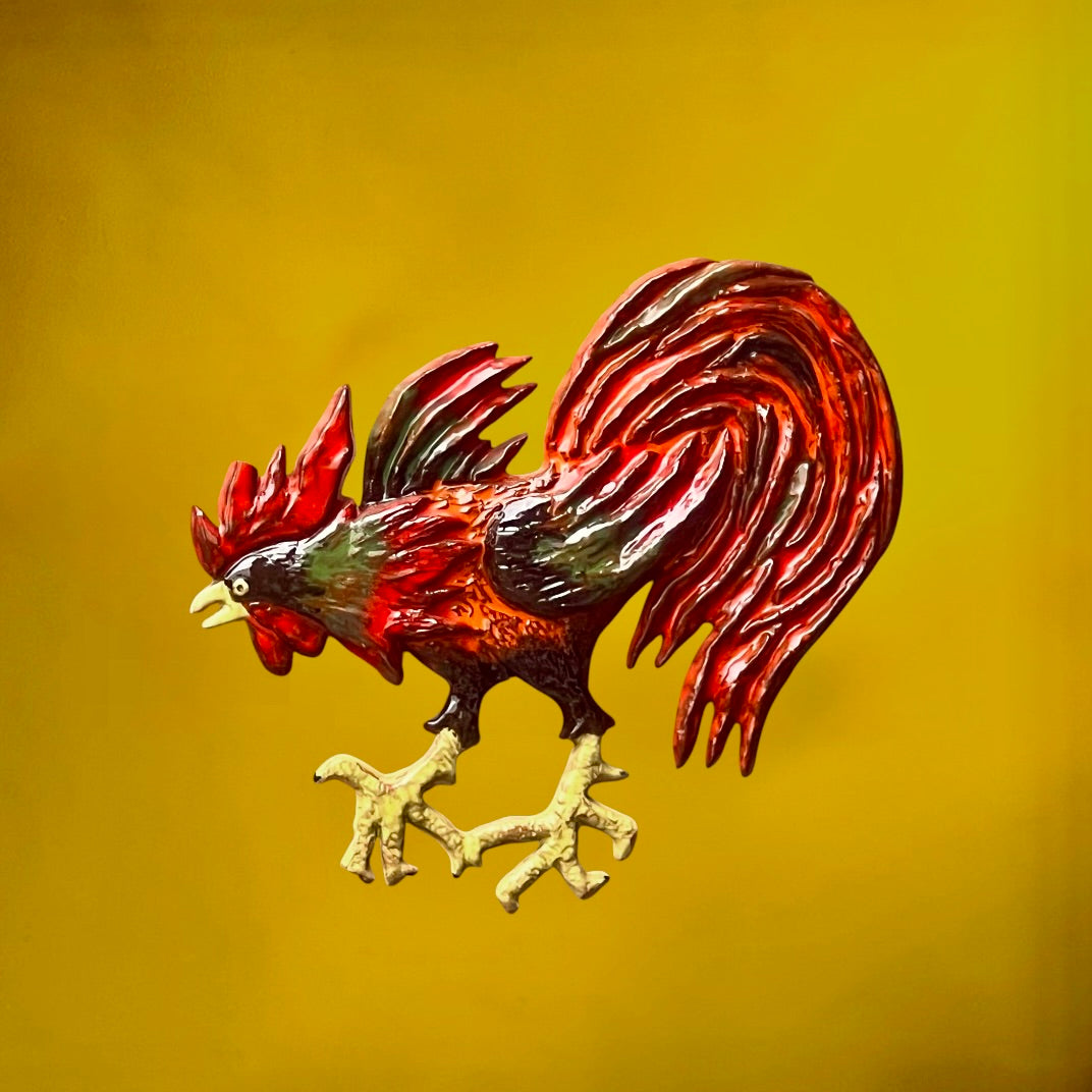 coq-mural-vintage-ceramique-emaillee-rouge-verte-annees60-70