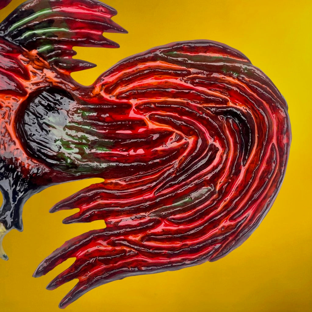 Coq Mural Vintage en Céramique Émaillée Rouge et Verte – Années 60 70