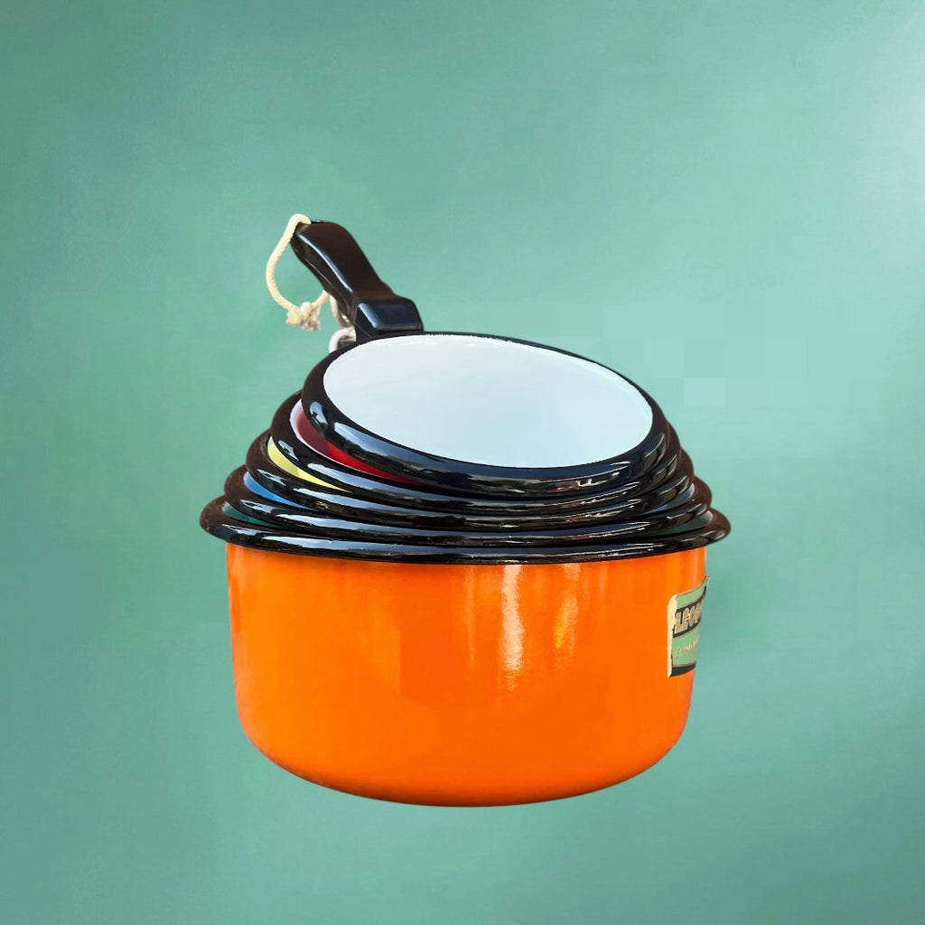 Série de 5 Casseroles Émaillées Vintage Leopold Couleurs Vives Manches Bakélite Années 60