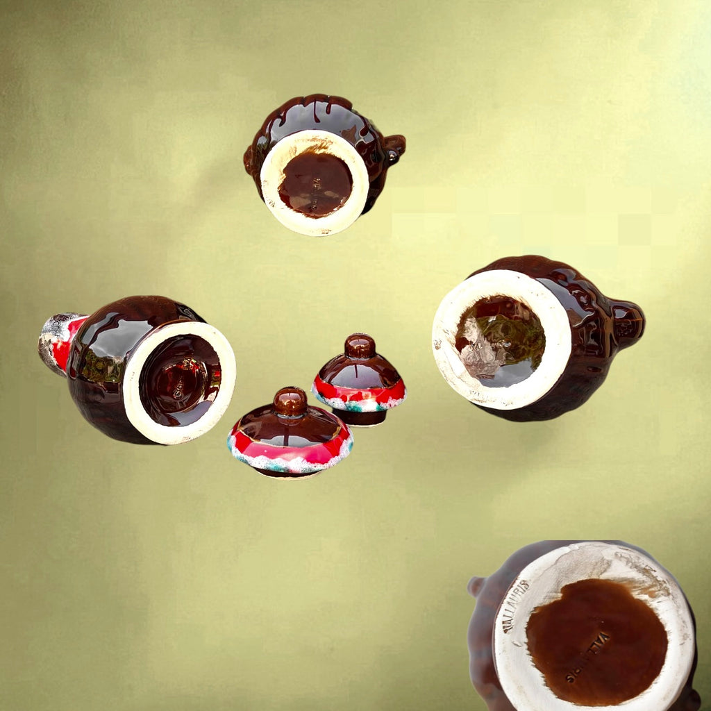 Service à Café Vallauris Vintage Céramique Émaillée Rouge Brun Blanc Bleu Années 60
