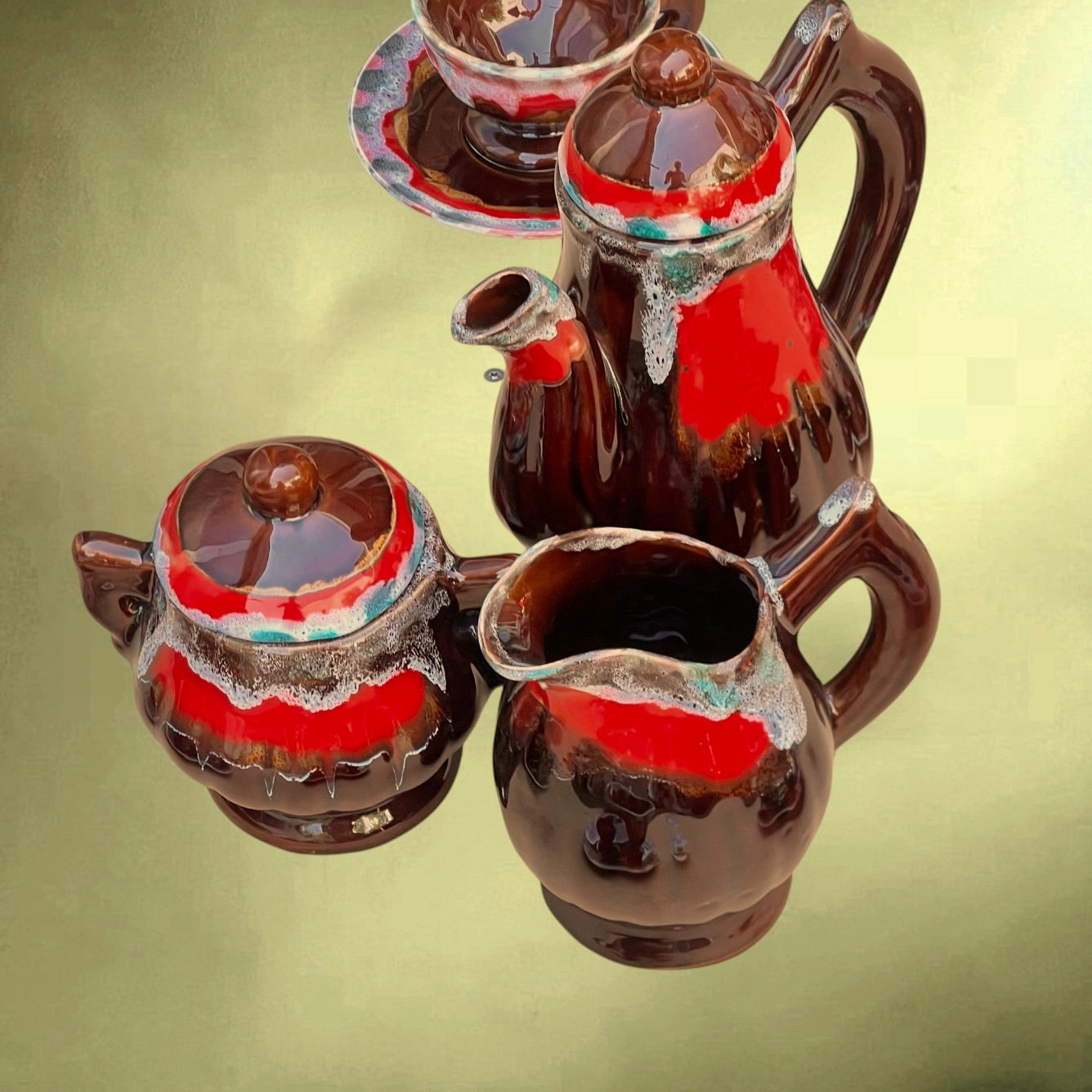 Service à Café Vallauris Vintage Céramique Émaillée Rouge Brun Blanc Bleu Années 60