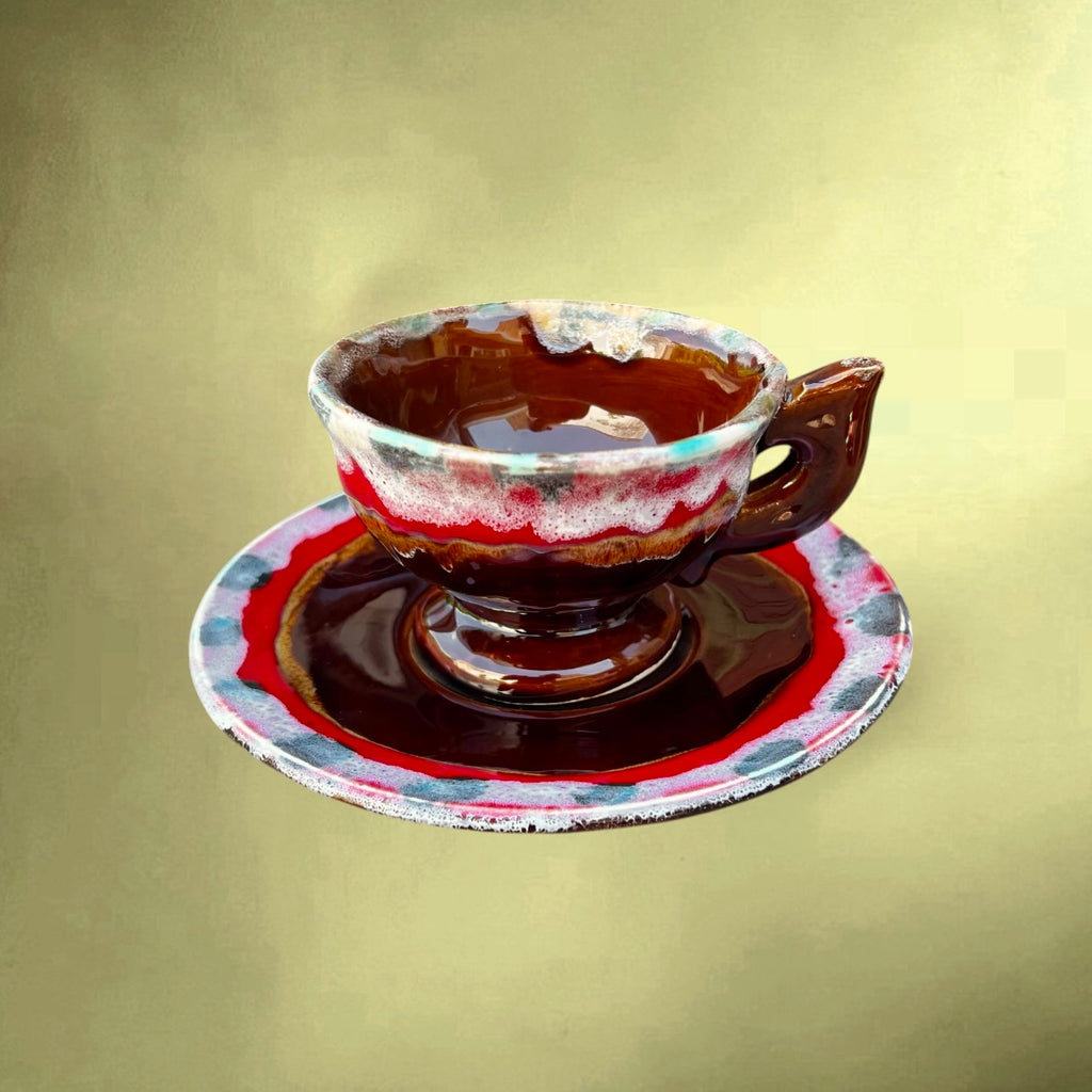 Service à Café Vallauris Vintage Céramique Émaillée Rouge Brun Blanc Bleu Années 60