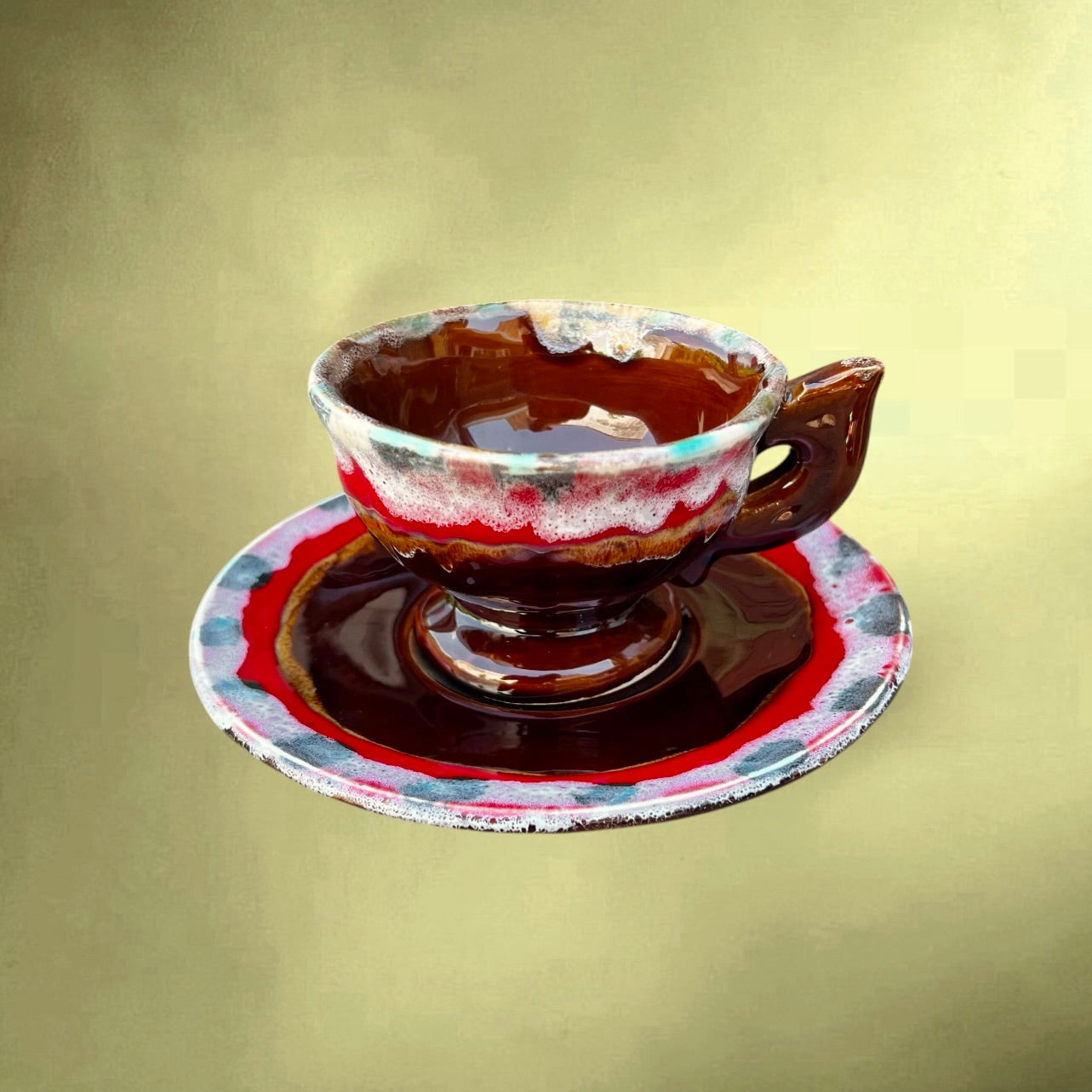 Service à Café Vallauris Vintage Céramique Émaillée Rouge Brun Blanc Bleu Années 60