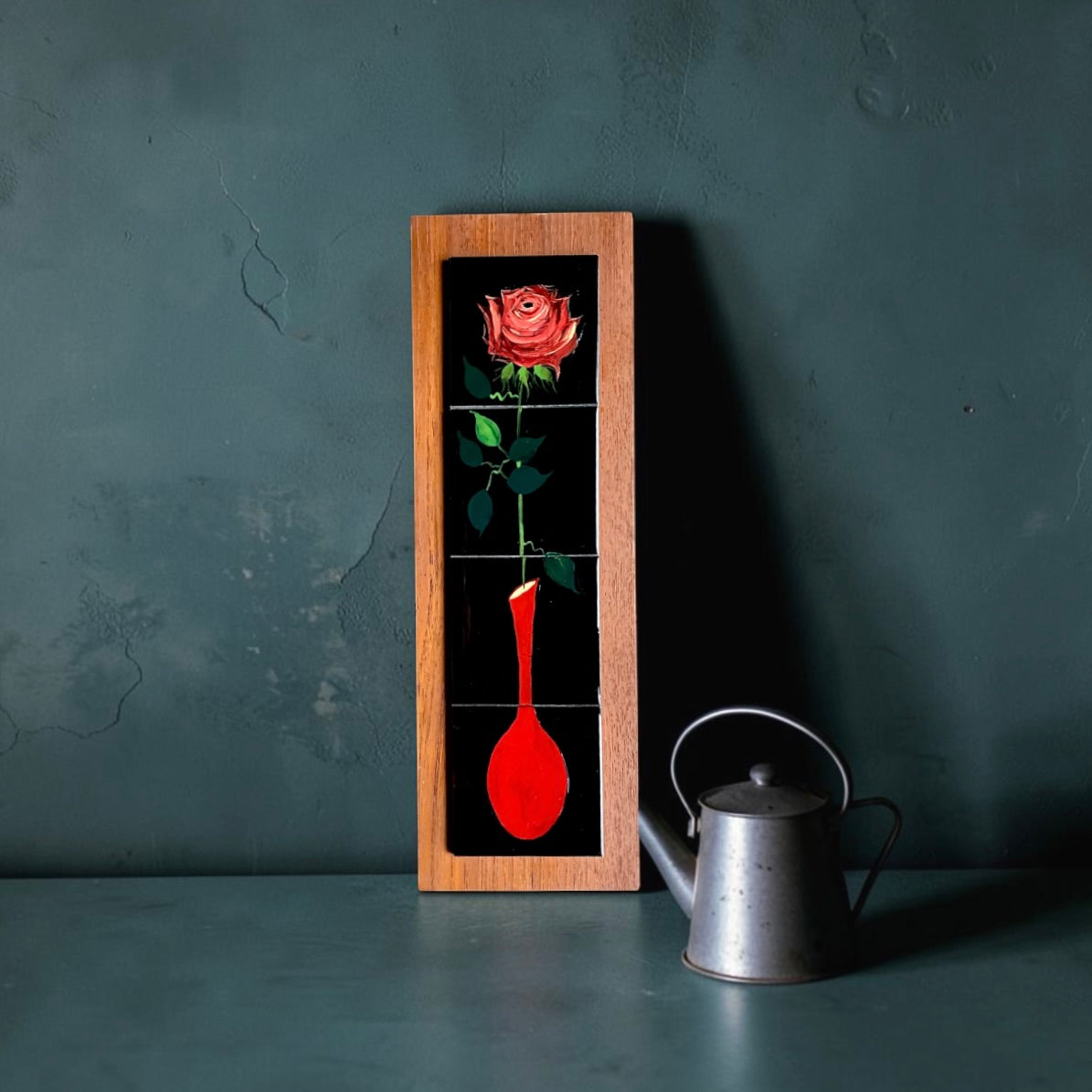 Plaque Murale Vintage Rose en Soliflore Céramique et Bois Années 60 70