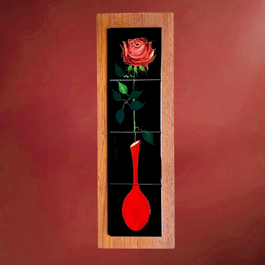 Plaque Murale Vintage Rose en Soliflore Carreaux de Céramique sur Bois – Années 60 70