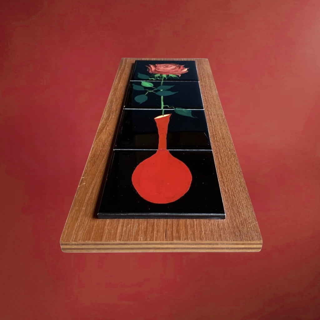 Plaque Murale Vintage Rose en Soliflore Carreaux de Céramique sur Bois – Années 60 70