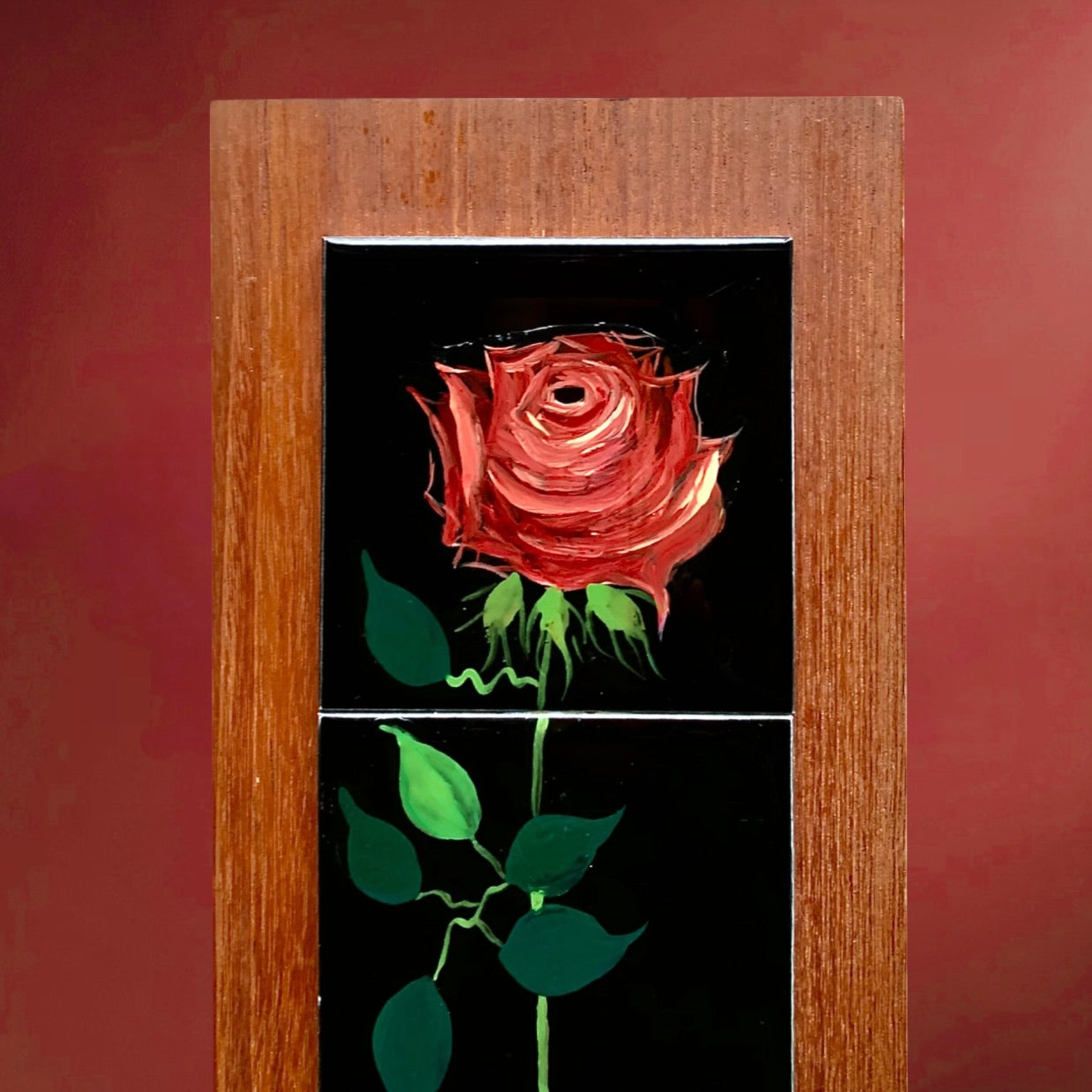 Plaque Murale Vintage Rose en Soliflore Carreaux de Céramique sur Bois – Années 60 70