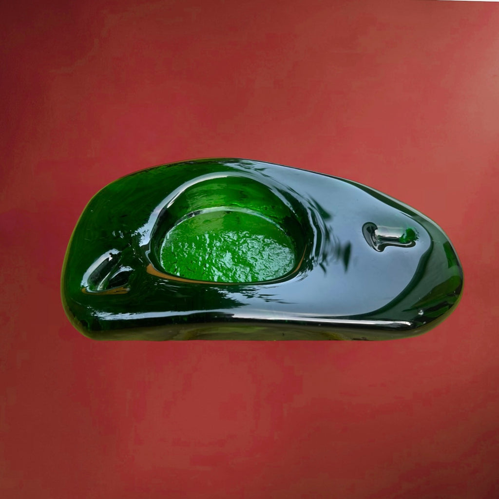 Cendrier Vintage en Verre Vert Fumé Forme Organique Style Murano Années 60 70