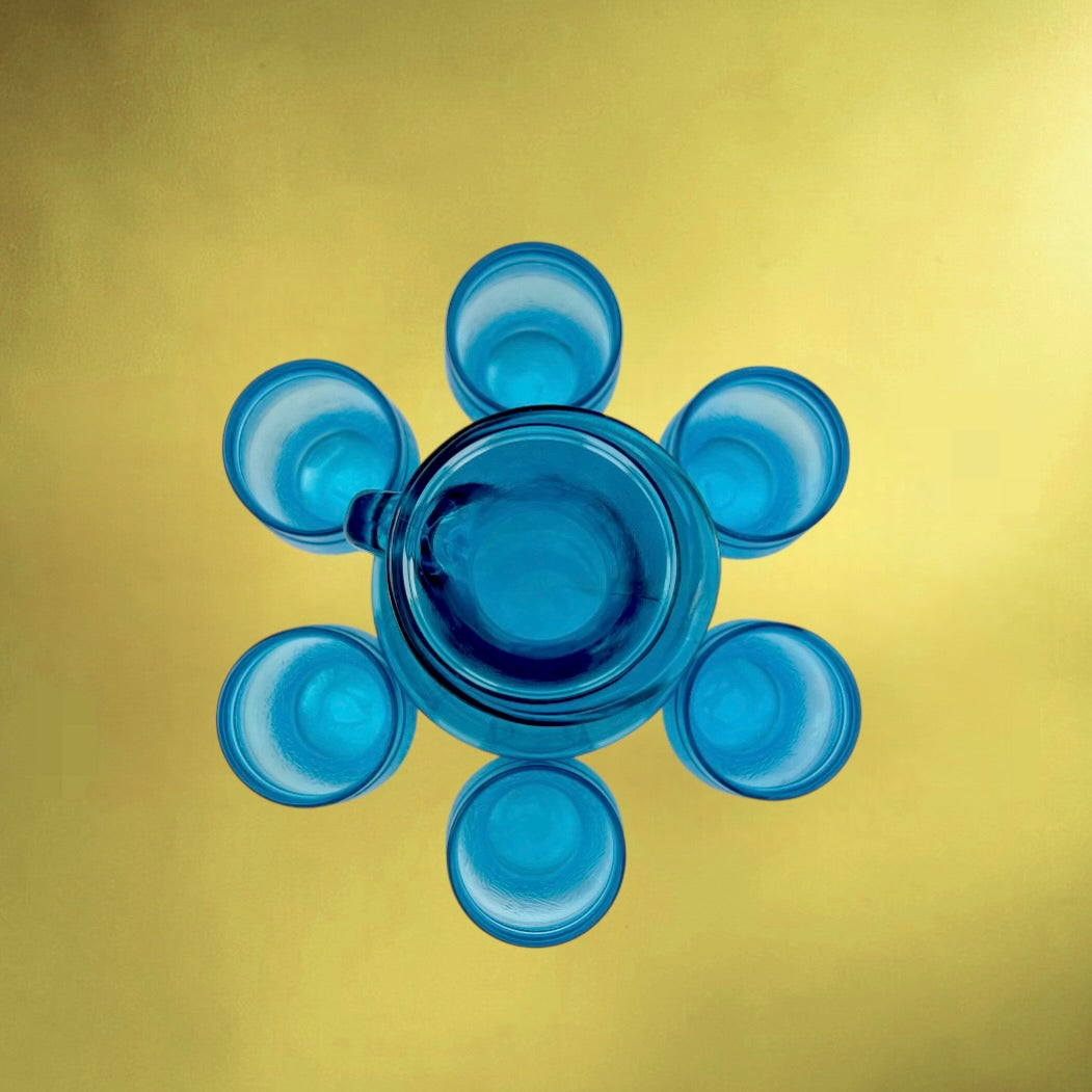 Service à Boissons Fidenza Vetraria en Verre Turquoise avec Carafe et 6 Verres – Années 70