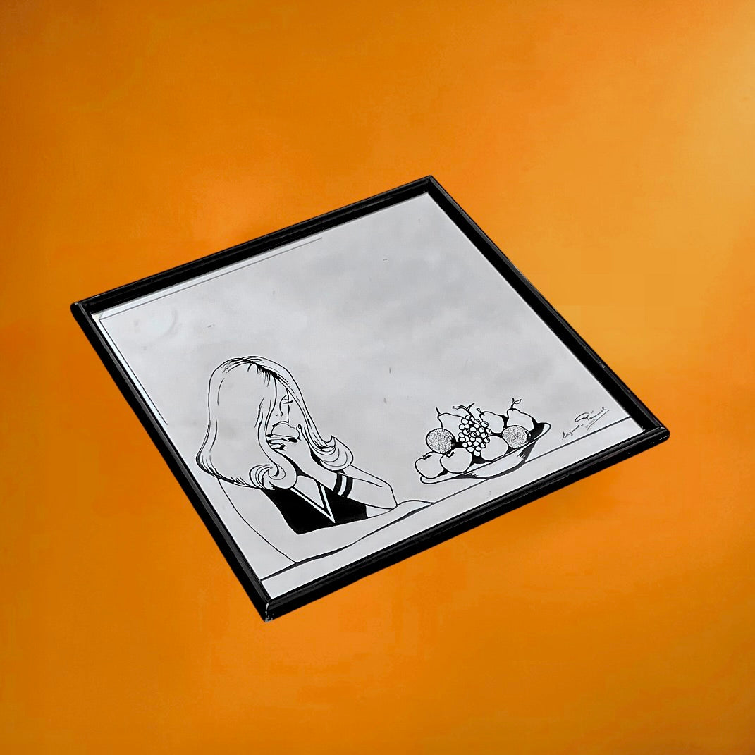 Miroir Mural Carré Suzanne Pemonel En Bois Noir Avec Sérigraphie Années 70-80
