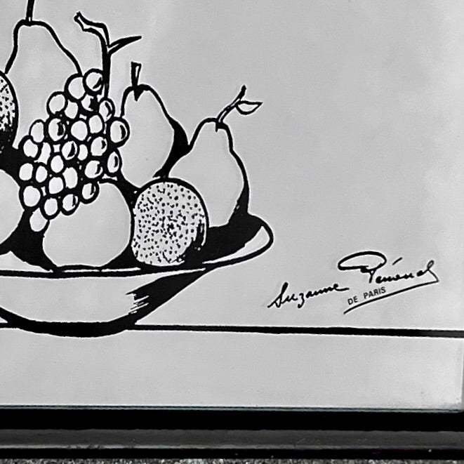 Miroir Mural Carré Suzanne Pemonel En Bois Noir Avec Sérigraphie Années 70-80