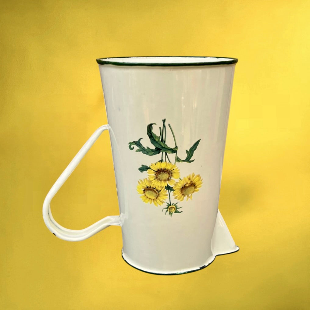 Broc Pichet Ancien En Tôle Émaillée Blanc Crème Décor Tournesols Années 70-80