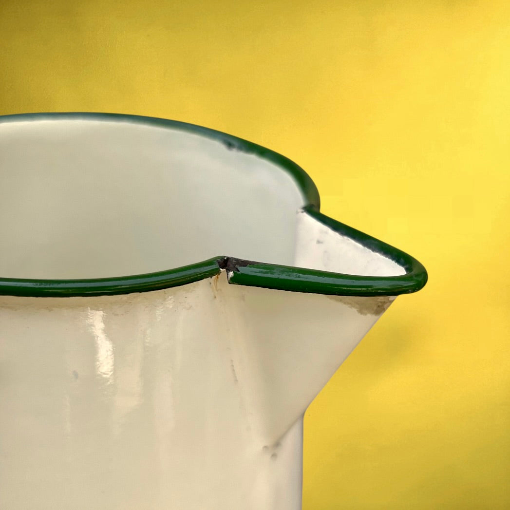 Broc Pichet Ancien En Tôle Émaillée Blanc Crème Décor Tournesols Années 70-80