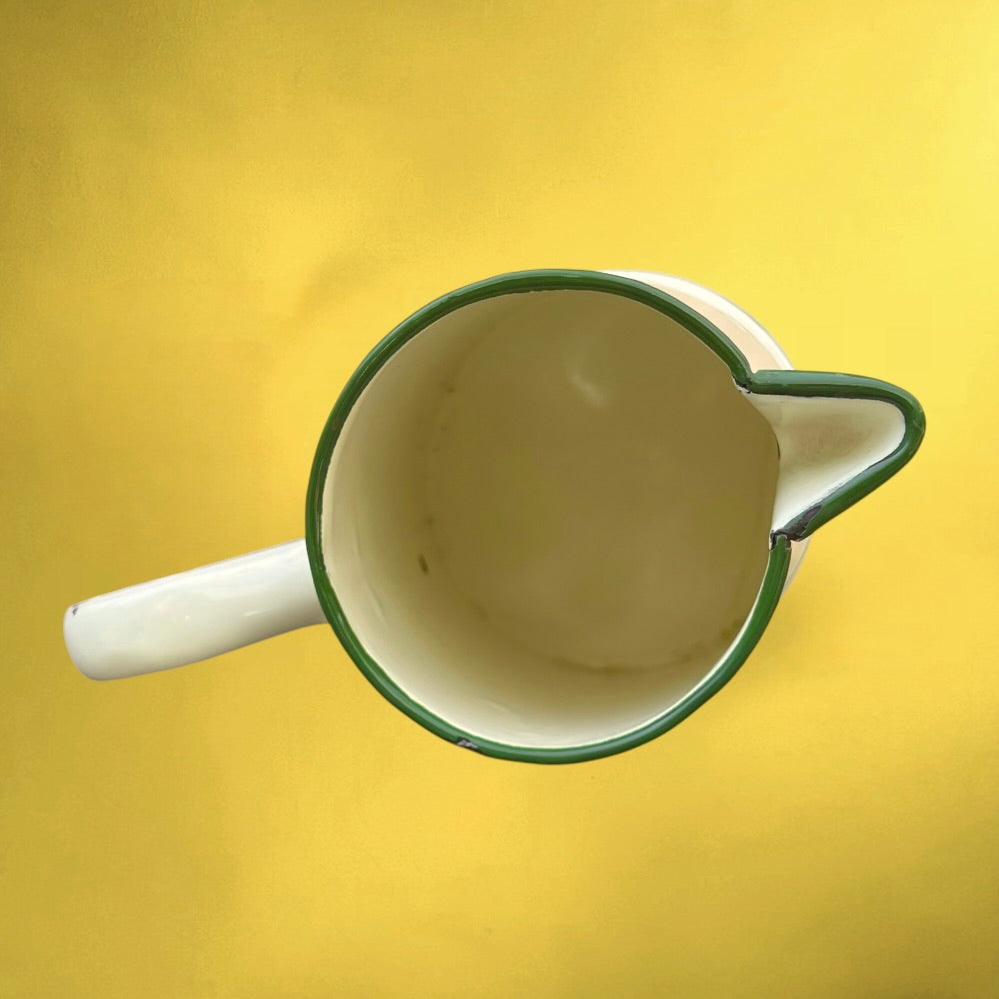 Broc Pichet Ancien En Tôle Émaillée Blanc Crème Décor Tournesols Années 70-80