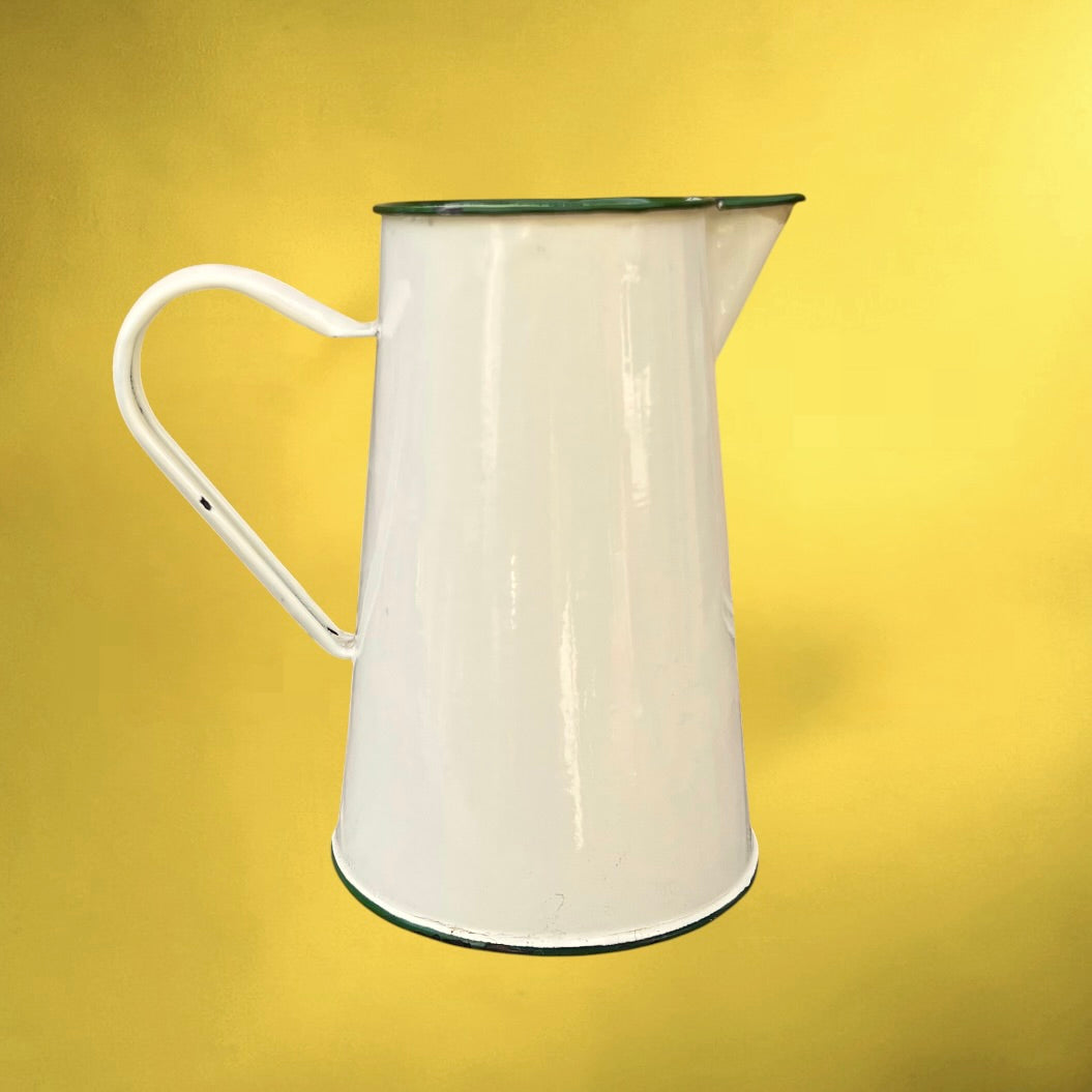 Broc Pichet Ancien En Tôle Émaillée Blanc Crème Décor Tournesols Années 70-80