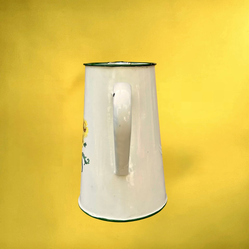 Broc Pichet Ancien En Tôle Émaillée Blanc Crème Décor Tournesols Années 70-80