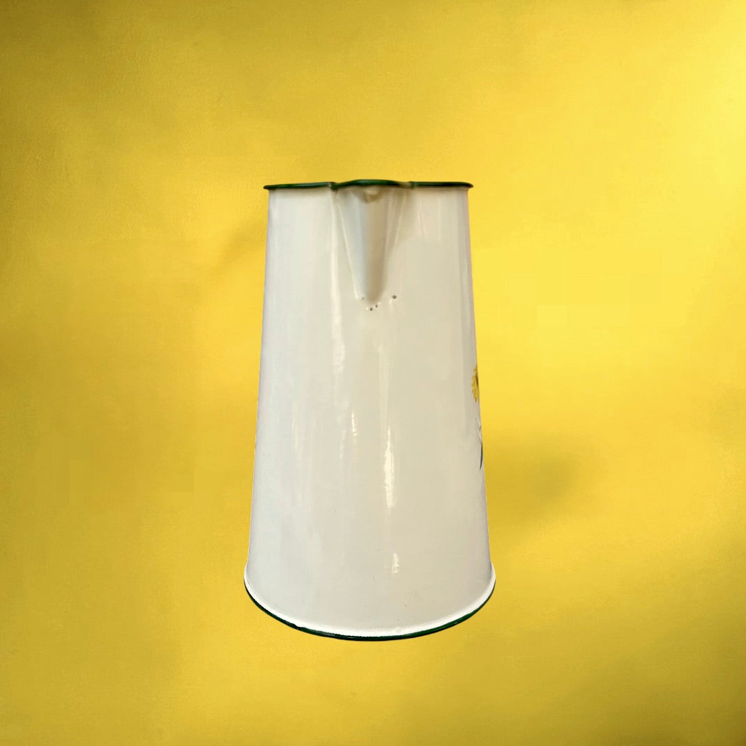 Broc Pichet Ancien En Tôle Émaillée Blanc Crème Décor Tournesols Années 70-80