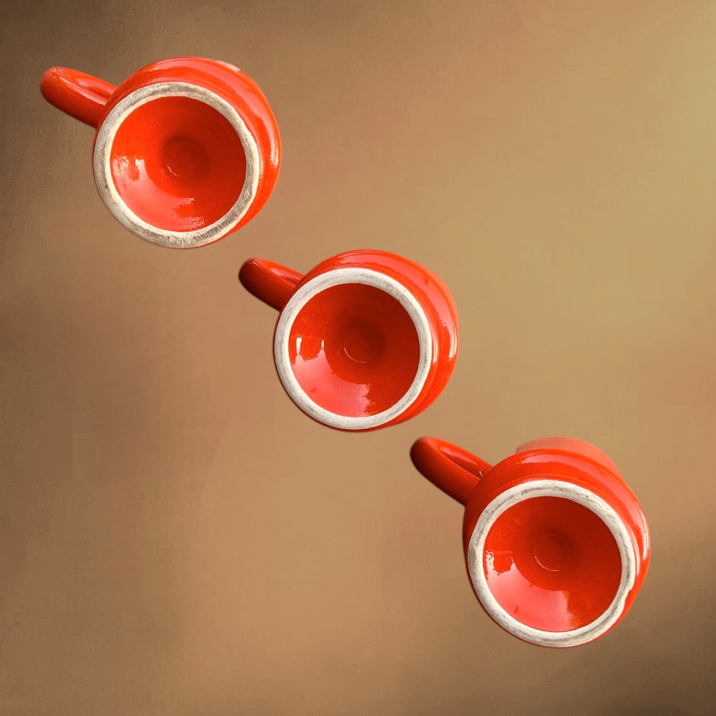 Trio de Tasses Hippie en Céramique Vernissée Orange Inscriptions Peace Poison LSD - Années 70