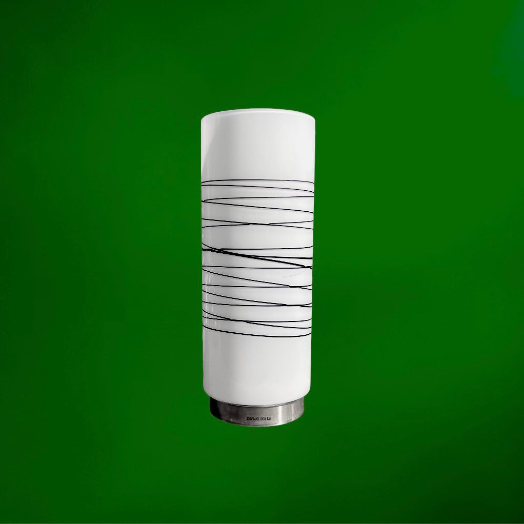 Lampe Cylindre Massive Vintage en Verre Opalin Blanc et Métal Brossé – Design Postmoderne