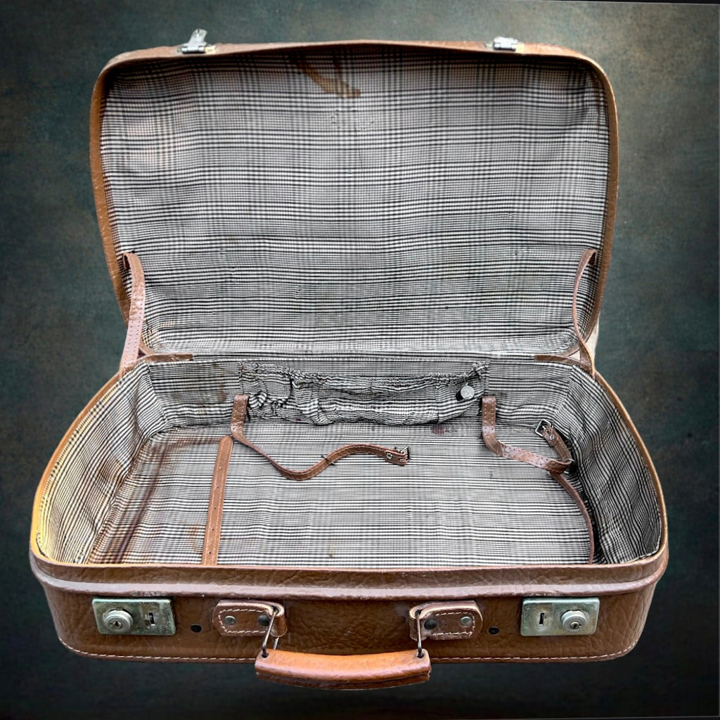 Petite Valise Athana en Cuir Marron Grainé Doublure Écossaise - Années 50
