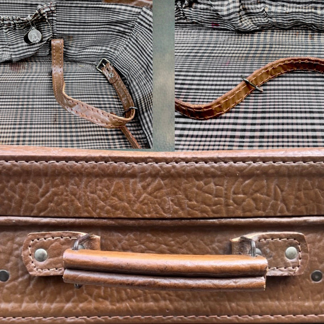 Petite Valise Athana en Cuir Marron Grainé Doublure Écossaise - Années 50