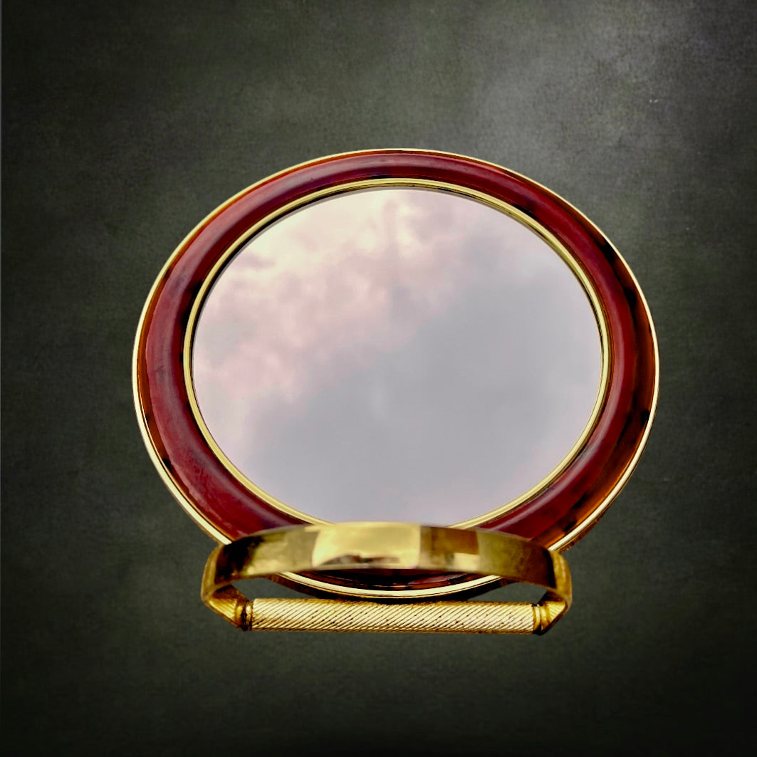 Miroir de Table Rond Vintage en Métal Doré et Résine Rouge Marbrée - Années 70