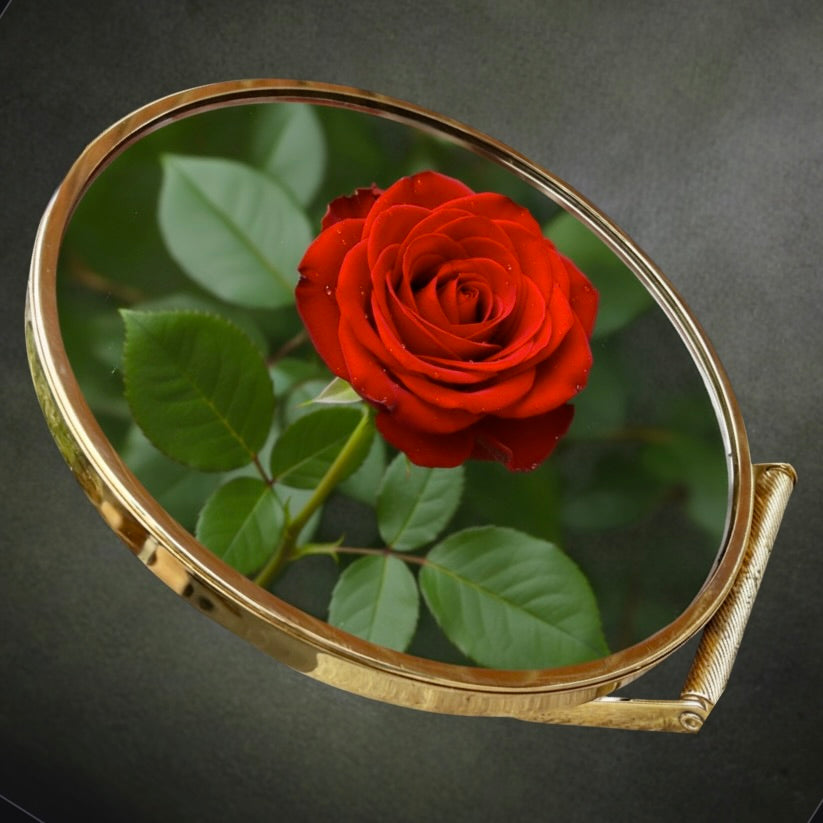 Miroir de Table Rond Vintage en Métal Doré et Résine Rouge Marbrée - Années 70
