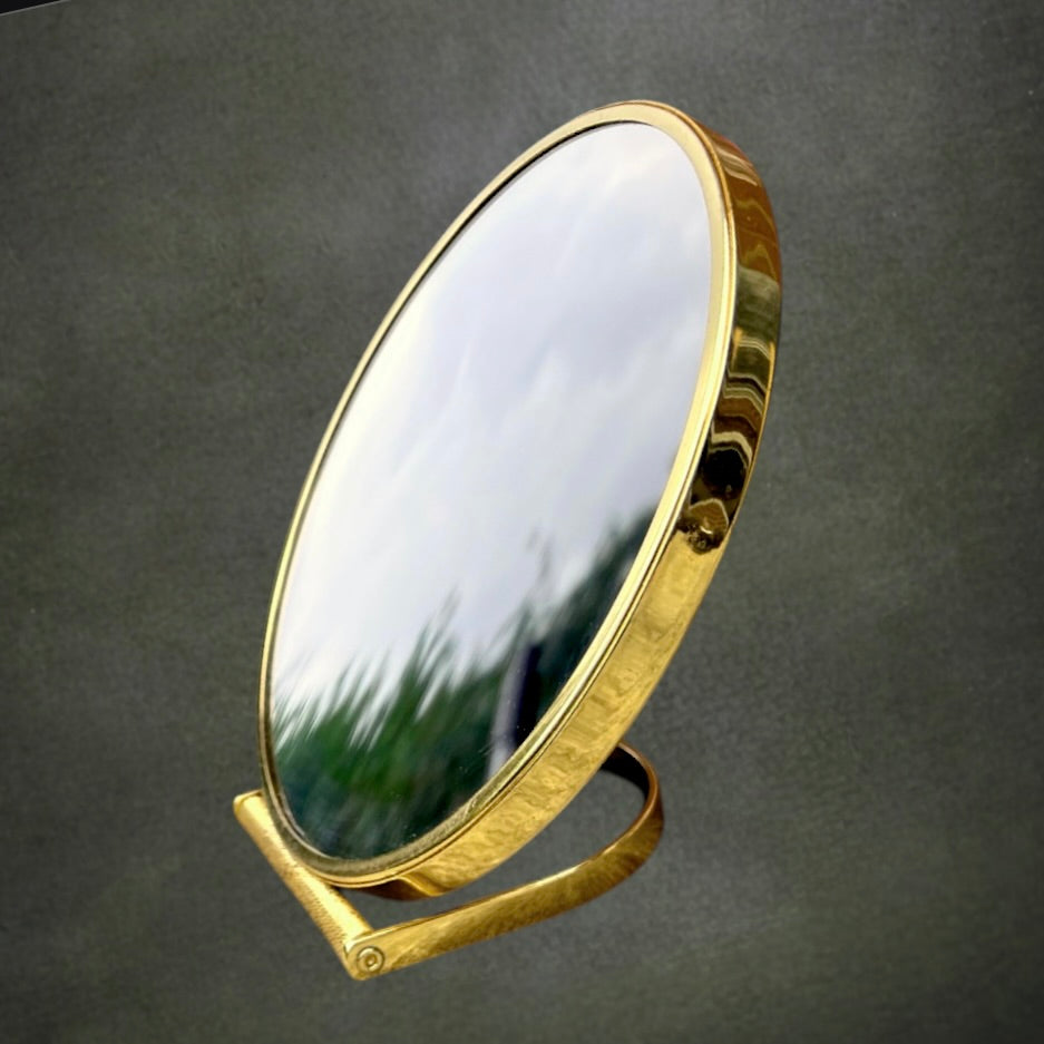 Miroir de Table Rond Vintage en Métal Doré et Résine Rouge Marbrée - Années 70