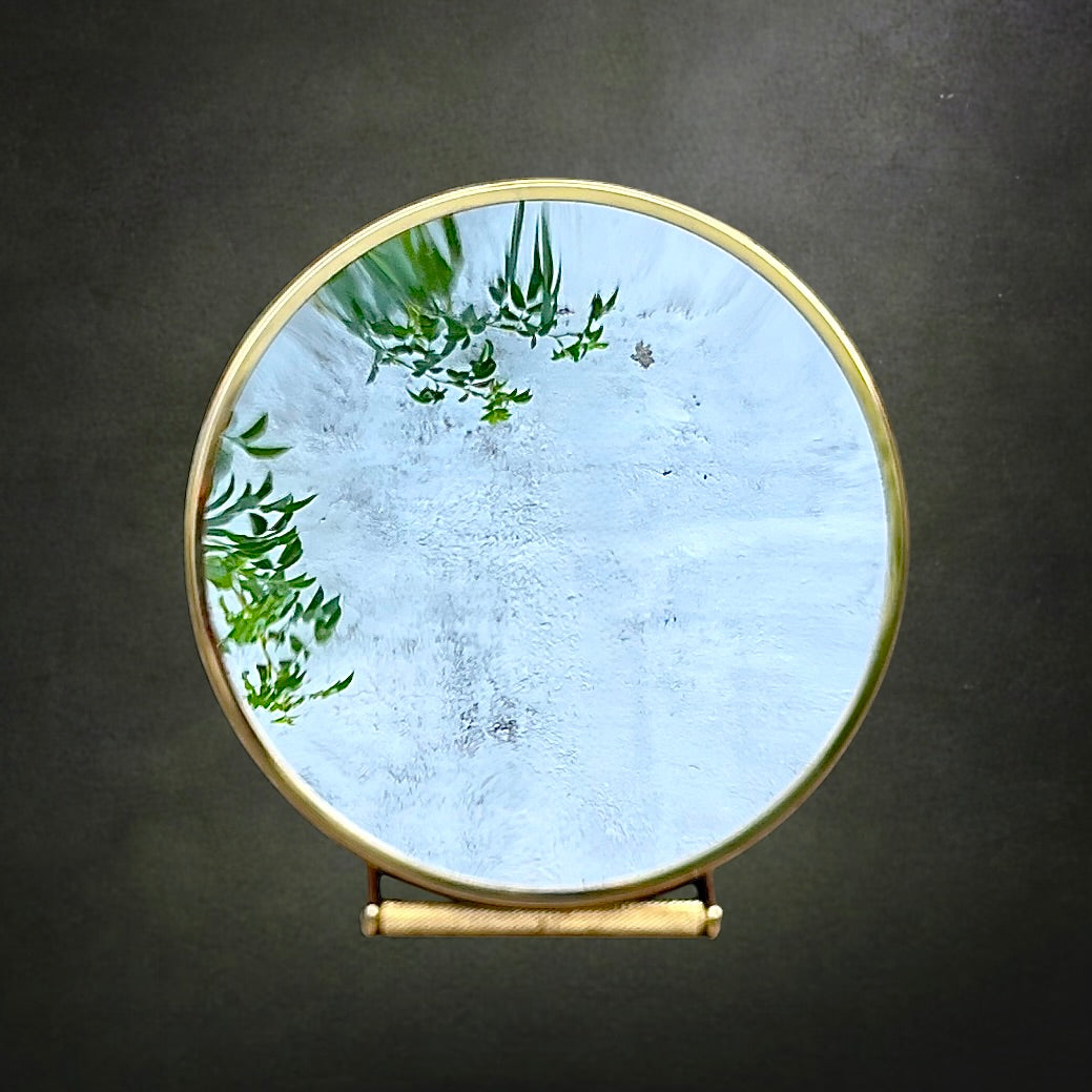 Miroir de Table Rond Vintage en Métal Doré et Résine Rouge Marbrée - Années 70