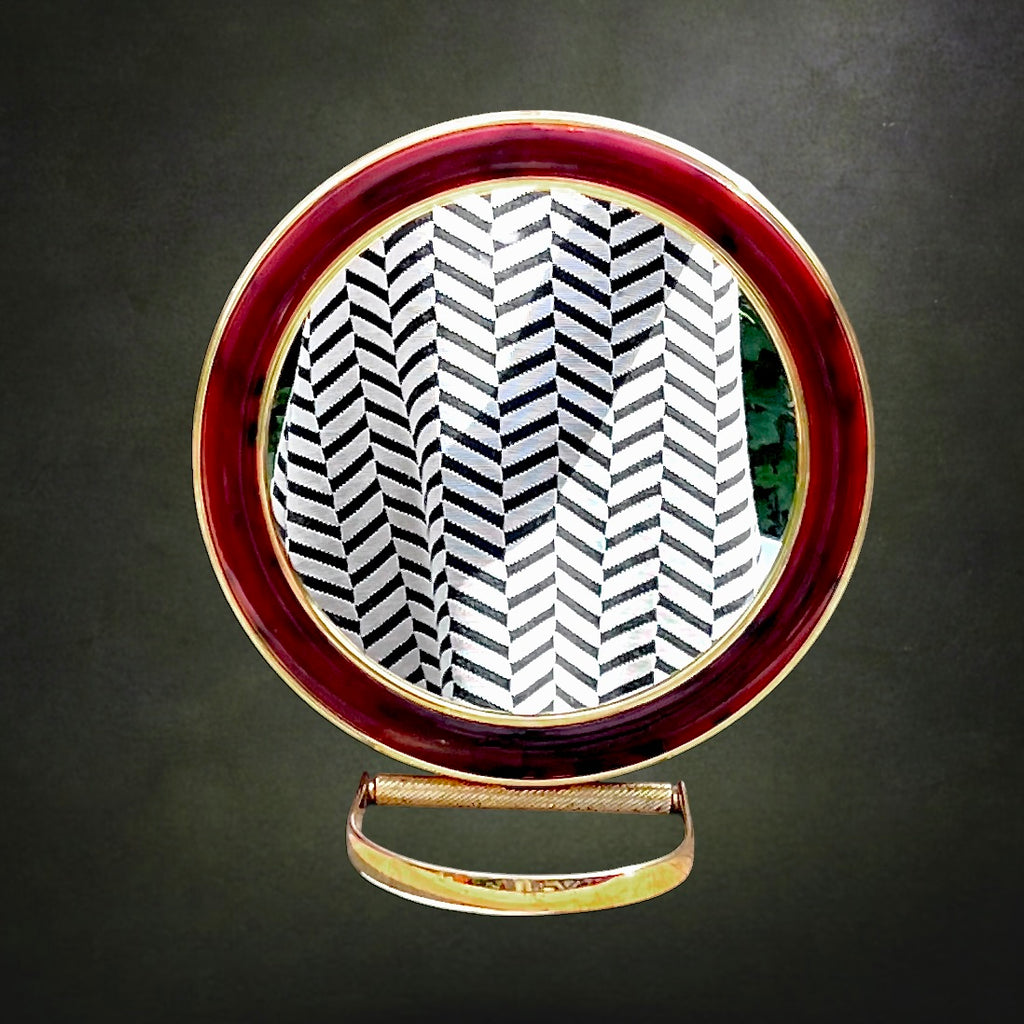 Miroir de Table Rond Vintage en Métal Doré et Résine Rouge Marbrée - Années 70