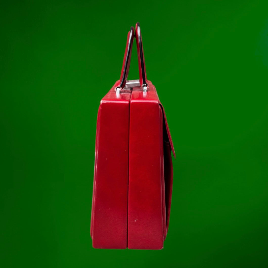 Vanity Case Vintage en Simili Cuir Rouge Foncé avec Fermoir Métallique - Années 60-70