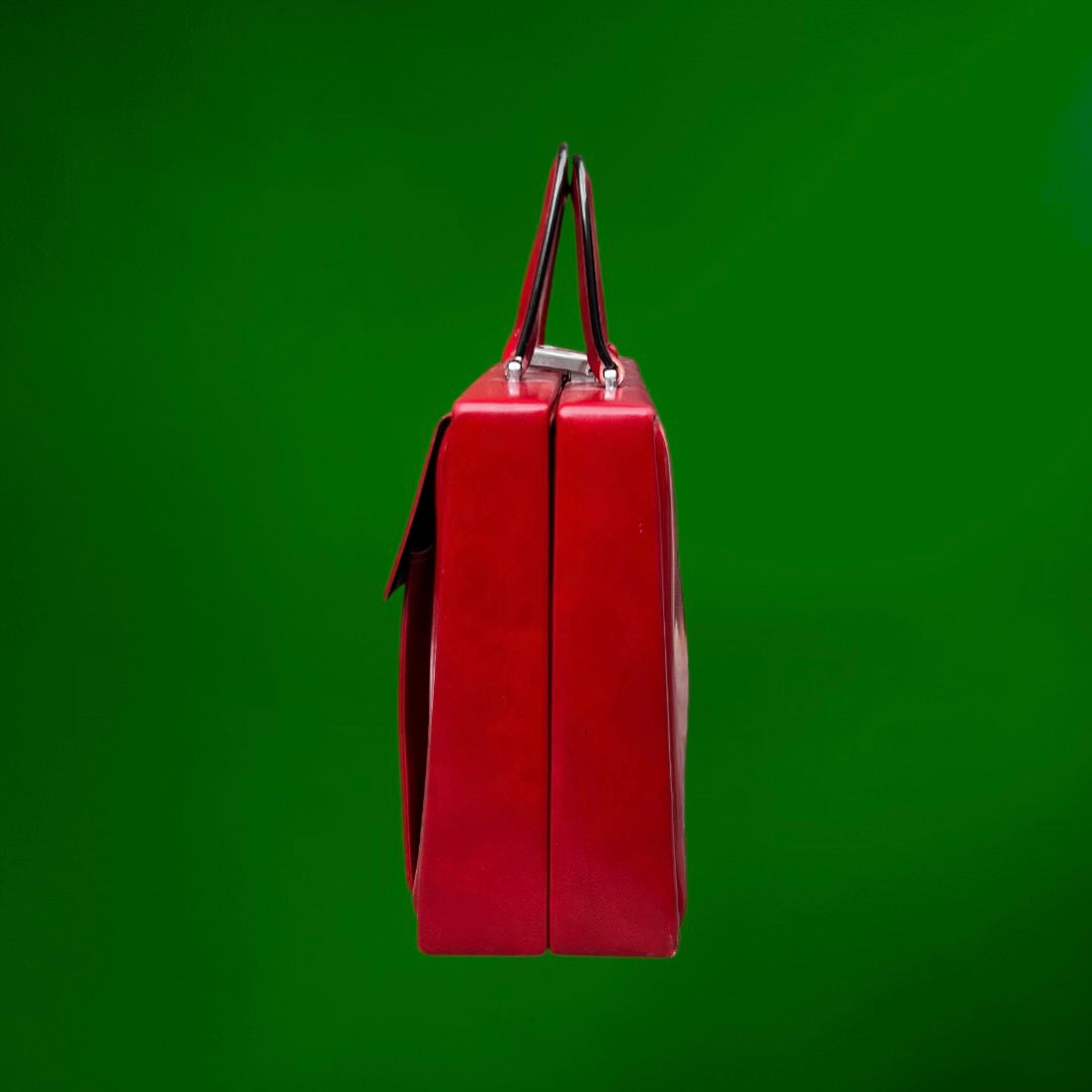 Vanity Case Vintage en Simili Cuir Rouge Foncé avec Fermoir Métallique - Années 60-70