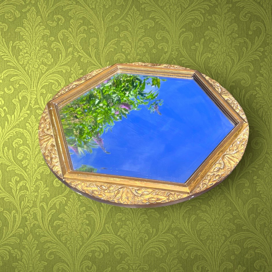 Miroir Mural Ancien Doré à Glace Hexagonale- Circa 1920
