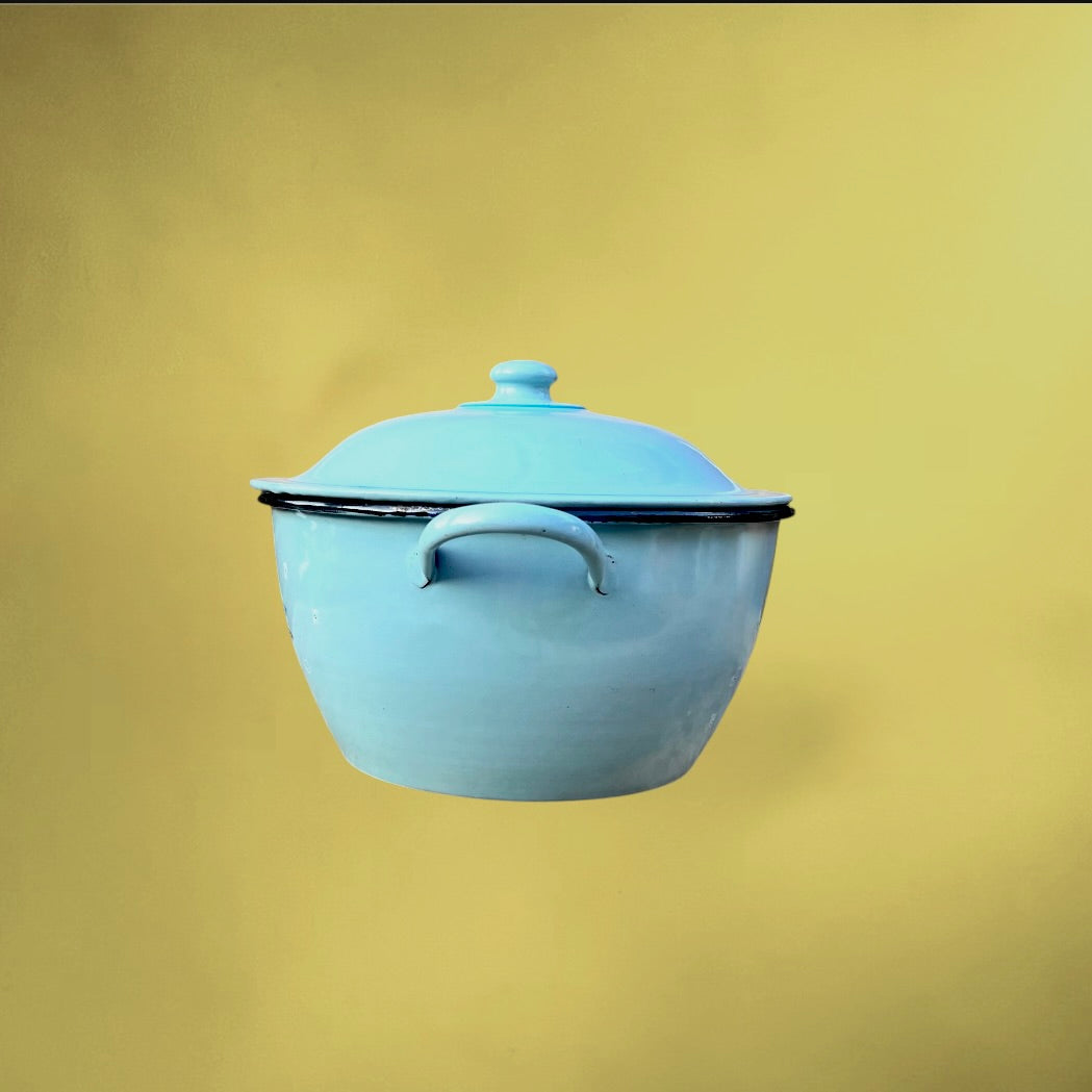 Soupière Cocotte en Tôle Émaillée Bleu Pâle Décor Floral - Années 50-60